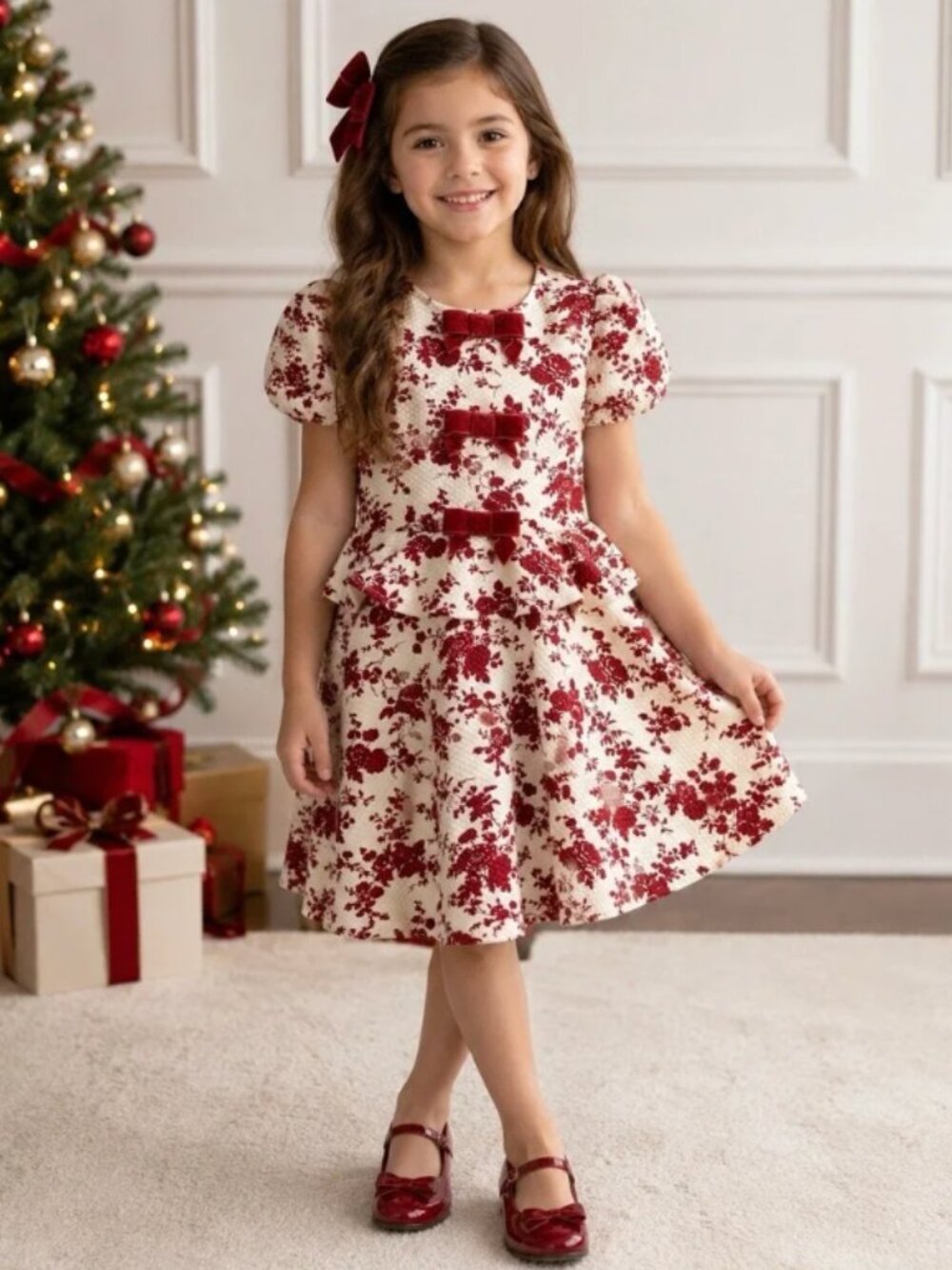 Janie and Jack White Dress with Red Floral Print and Velvet Bows